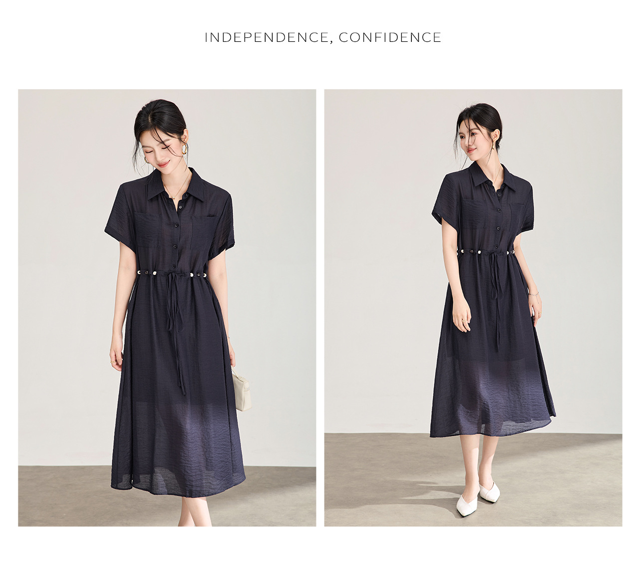 Đầm sơ mi nữ dáng suông chất liệu linen phối cườm nhẹ — màu xanh navy chi tiết 13