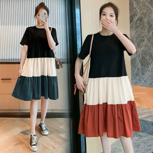 Korean-style T-shirt Dress with Colorblock Design, Loose-Fit Plus-Size Fashionable & Chic Mid-Length Skirt Over-the-Knee for Summer