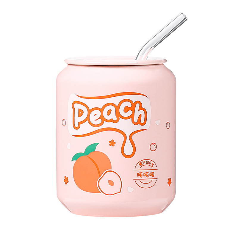 Taza de cerámica tipo lata con pajilla, diseño creativo