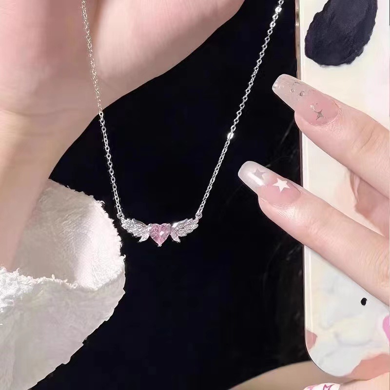 天使之翼粉鑽愛心項鍊女ins小眾輕奢甜美溫柔氣質高級感鎖骨頸鏈