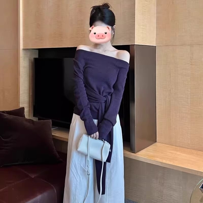 New irregular strap off-shoulder long-sleeve t-shirt for women, spring and autumn Korean style, waist-cinching design, one-shoulder casual top
