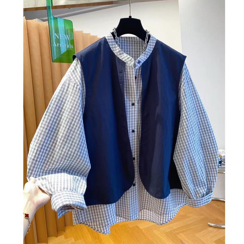 Women's new plaid shirt is loose and fashionable, perfect for layering. This year's popular vest spliced faux two-piece top for autumn