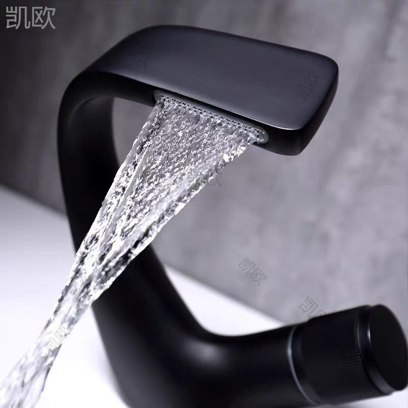 Copper Black Washbasin Waterfall Faucet Hot and Cold Bathroom Light Luxury Basin Under-Counter Basin Single-Hole Basin Leidezhu
