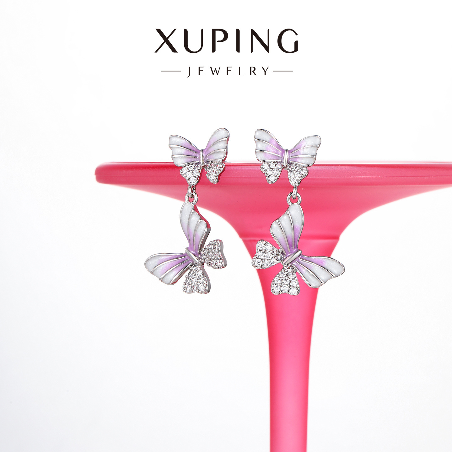 Xuping serie de goteo de aceite francés suave sensación de doble mariposa pendientes de zircon artificial pequeños pendientes frescos redondos para mujeres