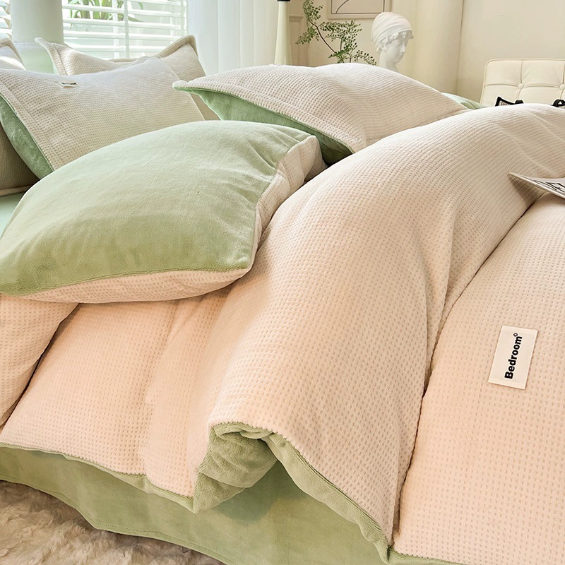 velvet warm jeans, coral set, warm sheet, flannel suede duvet cover, 4 piece set, bedding
