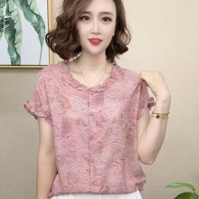 一件代发直播爆款2025夏季新款洋气百搭时尚减龄玫瑰印花薄款小衫