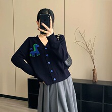 秋冬新款趣味重工艺术小马驹局部嵌花潮流配色纯羊毛针织开衫上衣