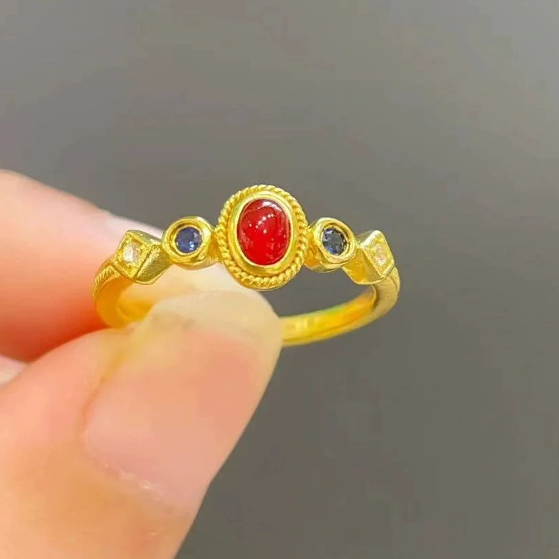 Маленькое женское кольцо Palace Bird, открытый дизайн с инкрустацией красного агата, уникальный винтажный китайский стиль, та же модель, что и на Xiaohongshu.