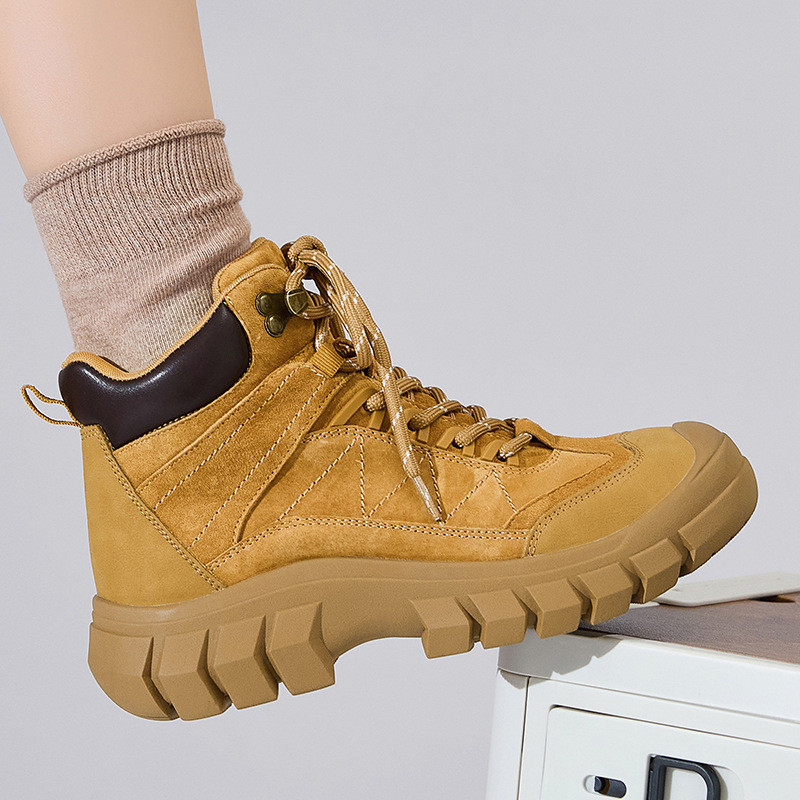 2538 Travel Workwear Outdoor Velvet Boots Women's Thick-Soled Inner Heightening British Style Hiking and Mountaineering Short Boots