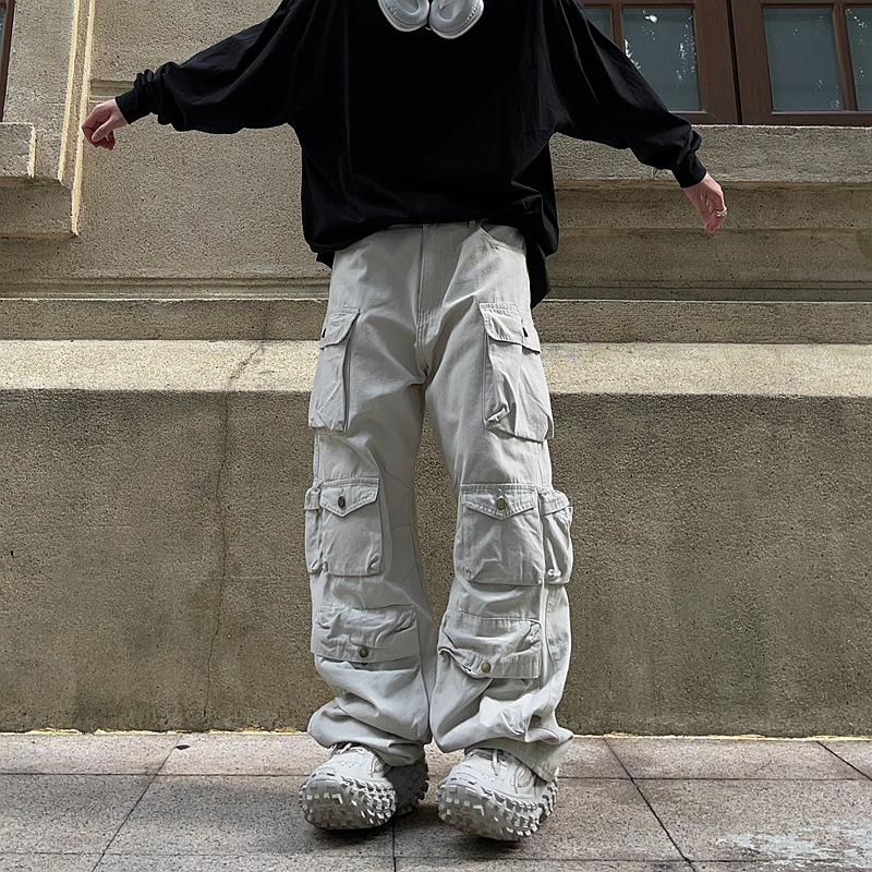 2023 estilo europeo y americano retro marca de moda casual pantalones sueltos rectos pierna ancha multi-Bolsillo overoles hombres
