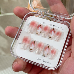 「蜜戀茶花」純手工穿戴甲早春新款手繪輕奢貓眼爆閃腮紅短款網紅