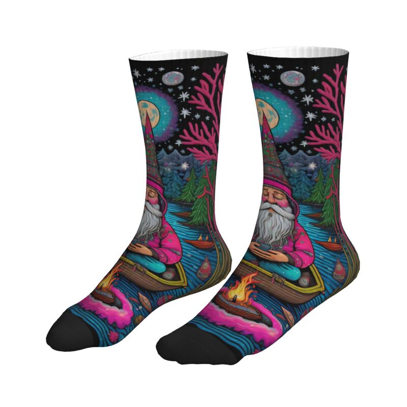 Pod Printed Socks Exclusively for Cross-Border Sales, Featuring Psychedelic Colorful Forest Meditation Gnome Bonfire Patterns, Mid-Calf Length