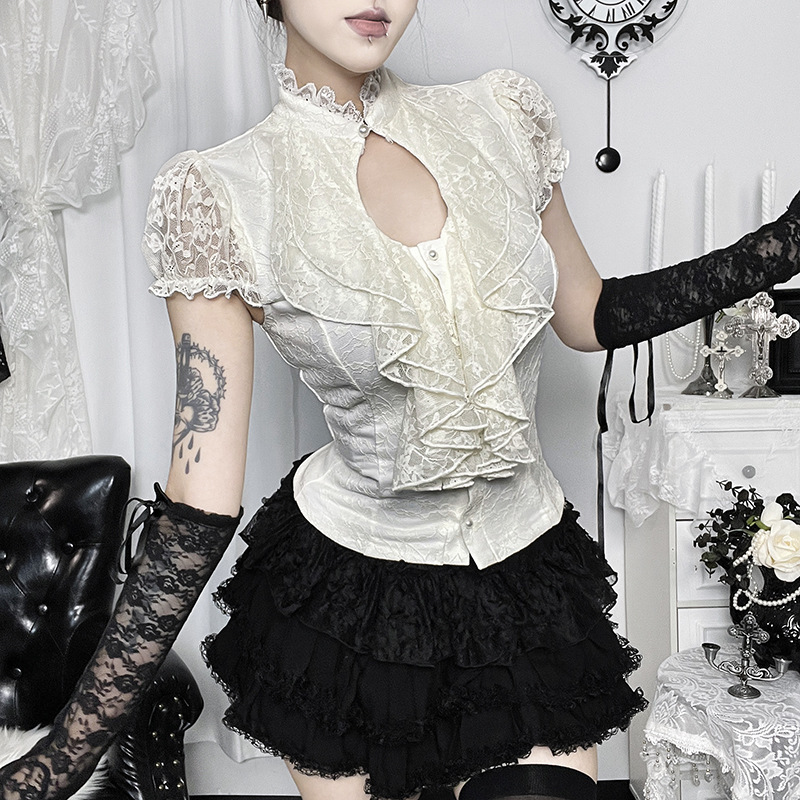 Xs26151 Hot Girl Pure Desire Style 2026 Summer New Slim Fit Stand Collar Lace Shirt with Waterdrop Cutout Top Xs26151 Hot Girl Pure Desire Style 2026 Summer New Slim Fit Stand Collar Lace Shirt with Waterdrop Cutout Top