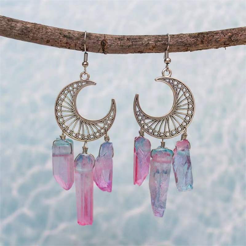 Chinoiserie Retro Simple Style Geometric Moon Crystal Patchwork Chandelier Earrings 1 Pair