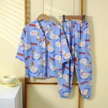 2025夏季儿童棉绸睡衣男童空调服套装女童绵绸宝宝人造棉家居服薄