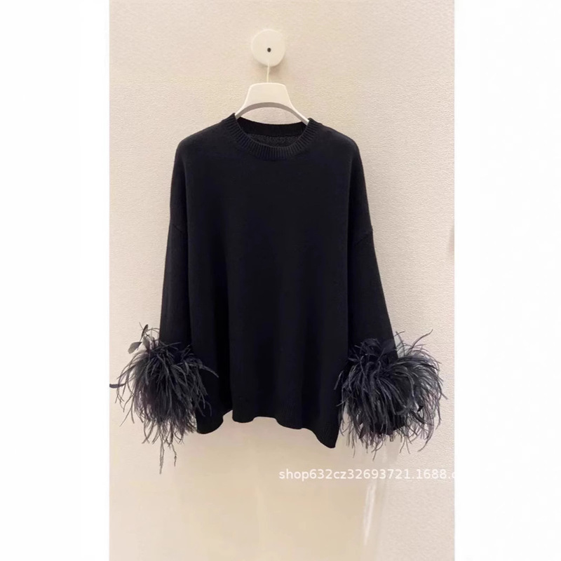 This year's popular beautiful high-end super good-looking European top black ostrich feather knitted sweater women This year's popular beautiful high-end super good-looking European top black ostrich feather knitted sweater women