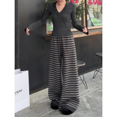 超绝松弛感经典款撞色条纹阔腿裤秋冬2025厚实保暖复古小众拖地裤