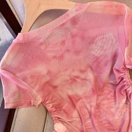 夏季扎染修身抽绳褶皱网纱防晒罩衫圆领T恤打底大码上衣宽松显瘦