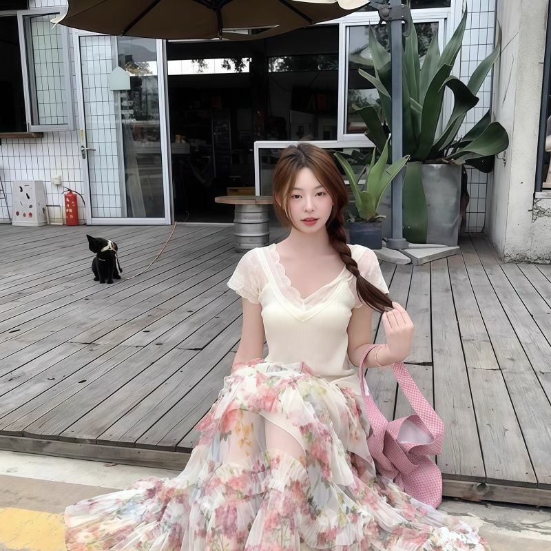 花边V领蕾丝拼接短袖T恤女夏季2025新款修身显瘦简约网红百搭上衣|undefined