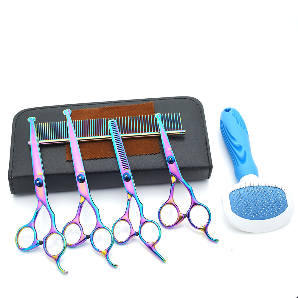Tijeras de cuidado de mascotas al por mayor de fábrica, tijeras planas de corte de pelo de perro, tijeras de dientes finas, tijeras de colores, herramientas de corte de pelo de gato