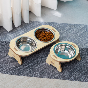 Double Bowl Cat and Dog Pet Food Bowl with Slanted Mouth Protection Two-In-One Cervical Spine Stainless Steel Cat Rice Bowl Dog Dining Table