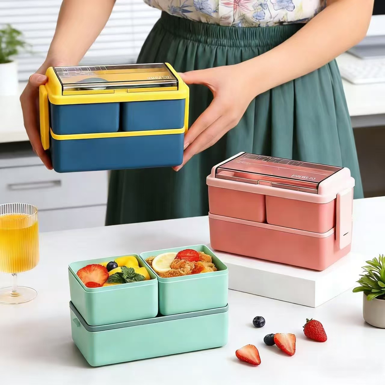 Caja de almuerzo cuadrada de gran capacidad de cubiertos de almuerzo para adultos caja de almacenamiento de microondas personalizada transfronteriza