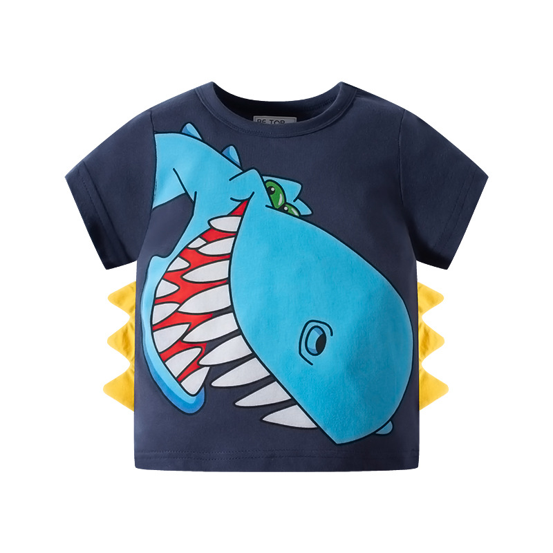 Dinosaurio de dibujos animados impreso de manga corta Camiseta de algodón de verano nuevos niños prendas de punto ropa para niños al por mayor entrega de una sola pieza ins