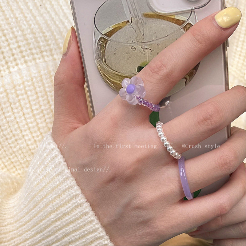 东菊2022年新款珍珠花朵糖果色戒指套装组合女小众设计感时尚树脂详情1
