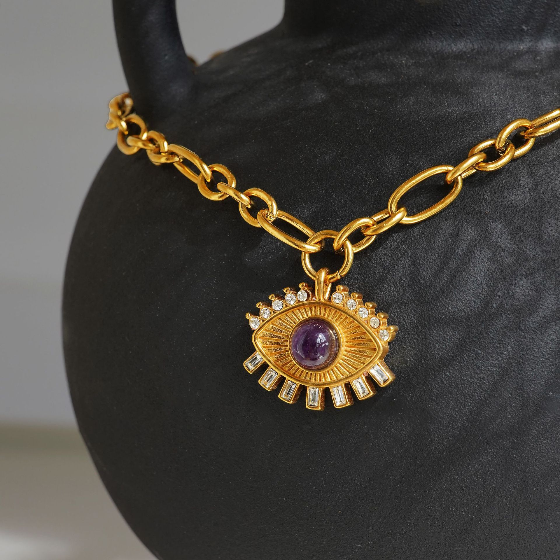 Pendant Necklace Classification 304 Stainless Steel, Titanium Steel Chain Material 1 Piece Quantity Wholesale Jewelry IG Style Retro Devil's Eye Titanium Steel Zircon 18K Gold Plated Hollow Out Inlay Pendant Necklace