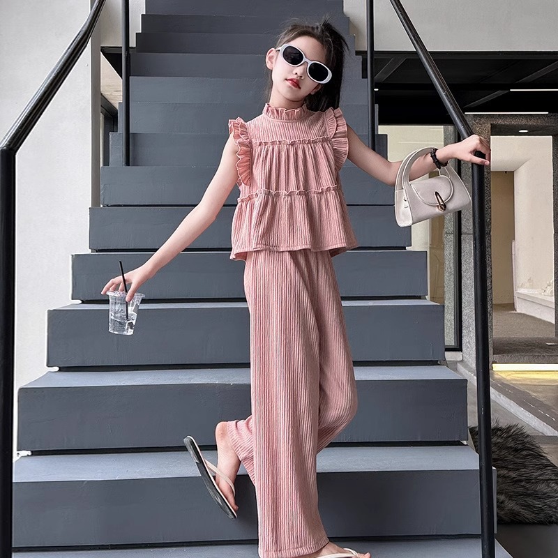 Vestito senza maniche da bambina 2024 estate nuovo stile coreano pantaloni sottili e larghi per bambini set due pezzi_voghion.com