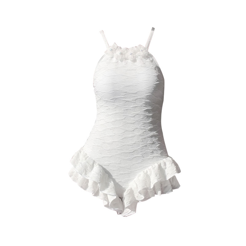 2025 nuevo traje de baño blanco de una pieza para mujer, tirantes conservadores, ángulo plano, delgado, cubriendo el vientre, traje de baño japonés lindo de pecho pequeño, mujer