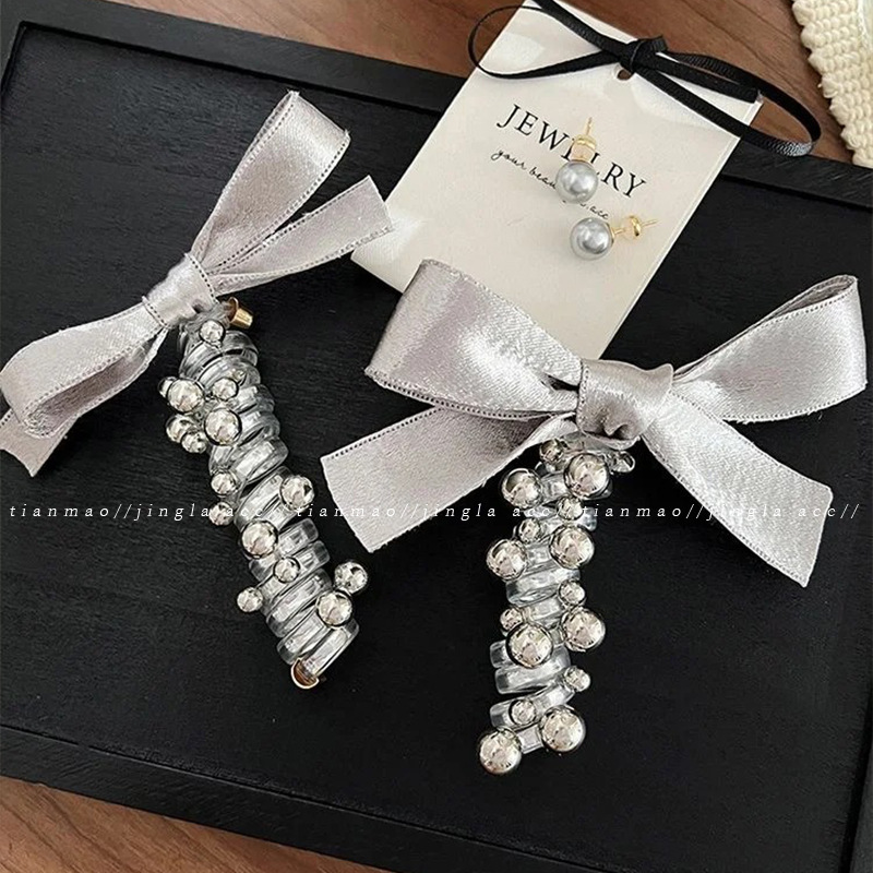 2025 nueva plata brillante cinza plateada cinta de tejido arco perlas línea telefónica anillo de cabello de mujer burbuja trenza cabello de cabello