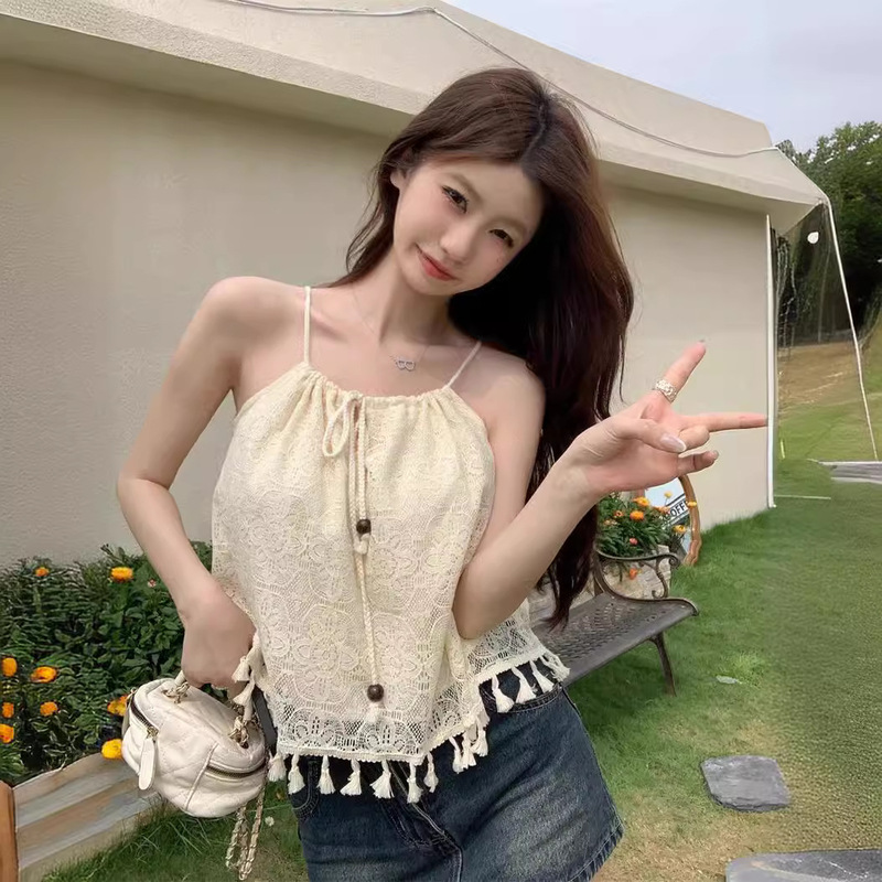 Floral Tassel Camisole Outer Wear Summer Thin Slim-fit Slimming Short Chic Inner Sleeveless Top Women's Clothing