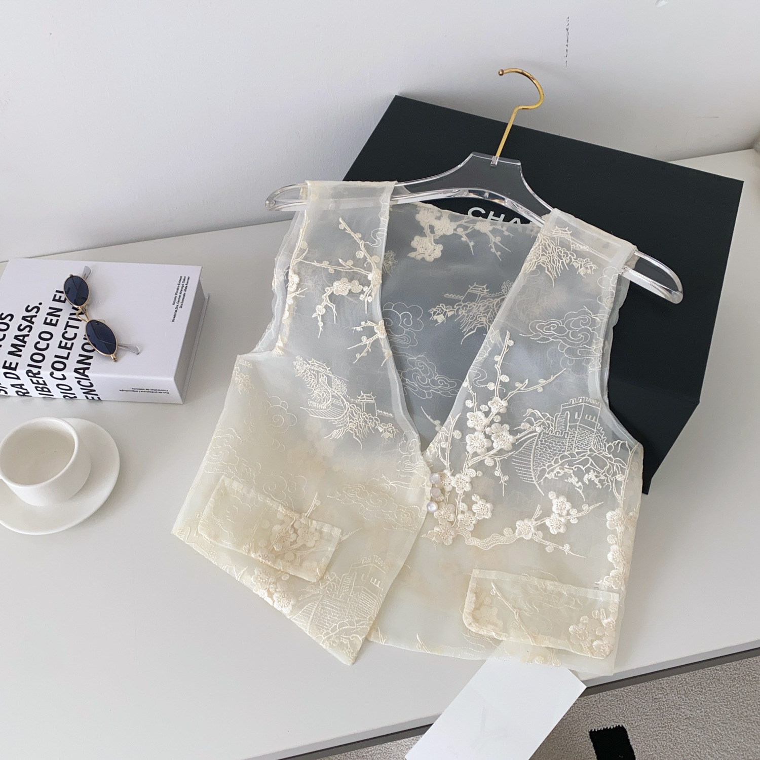 Cross-Border Vest for Women, Outerwear Small Vest, 2025 Summer New Design, Heavy Embroidery, Thin Sheer Mesh Top