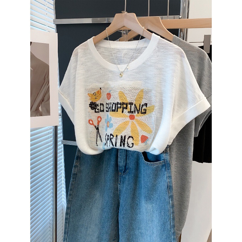 Turn-Down Sleeve Fine-Knit Round Neck Sweater for Women, 2026 Summer New Style, Loose Outerwear, Thin Short-Sleeve T-Shirt, Trendy Turn-Down Sleeve Fine-Knit Round Neck Sweater for Women, 2026 Summer New Style, Loose Outerwear, Thin Short-Sleeve T-Shirt, Trendy