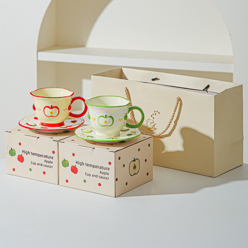 Tazas de café de cerámica de manzana, plato, taza de marca, diseño de relieve pintado a mano original, taza de agua, taza de leche de desayuno