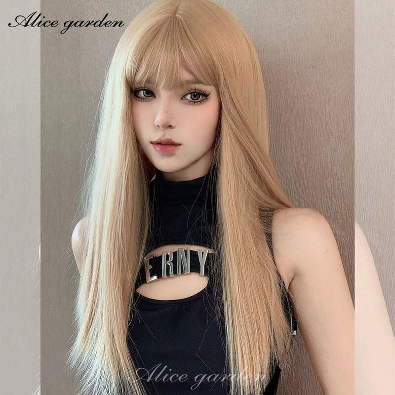 Wig Female Long Straight Hair Japanese Style Popular Golden Full Bangs Daily Jk Realistic Scalp Full Headgear Cute Lolita
