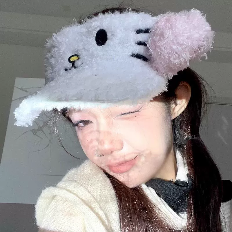Y2k розовый бант Kitty пустая шляпа плюшевая камера солнцезащитный козырек милый мультфильм девушка сердце kitty шляпа