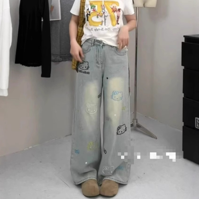 インターネットセレブ春刺繍漫画kt猫ジーンズレディースライトウォッシュハイウエストルーズワイドレッグフロアモップパンツ|undefined