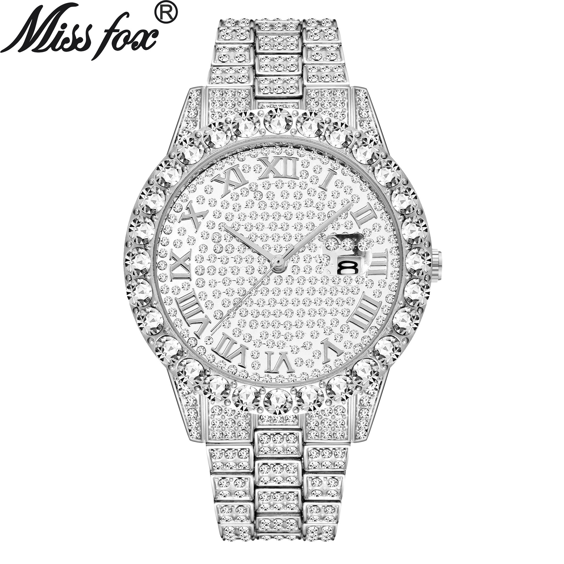 Missfox European Trend Luxury Hip-Hop Full Diamond Men's Quartz Watch Bracelet Hot Style Factory Direct Sales