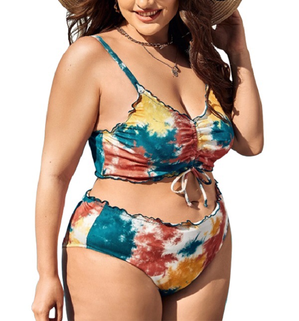 Conjunto de dos piezas Tankini con borde de hongo con cordones y estampado de talla grande NSVNS117563