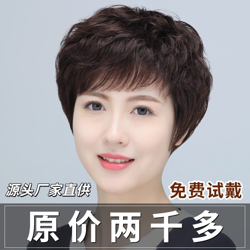 Full Wig for Women with Real Hair, Natural Middle-Aged and Elderly Ladies, Mothers, Daily Short Curly Hair, Full Real Hair Wig for Women