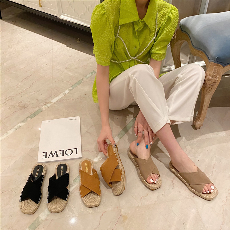 编织2021新款凉鞋女夏平底时尚休闲磨砂罗马鞋草编渔夫鞋