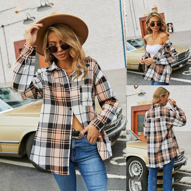 European and American Cross-border Women's Plaid Cardigan Long-sleeved Lel Plus Pocket Back Piece Discounted Plaid Shirt Women's Mid-length