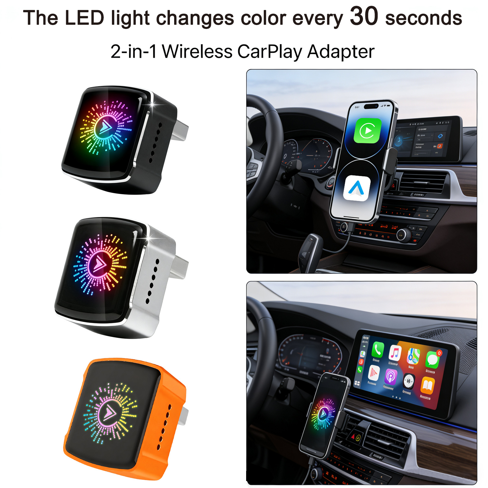 2026 Model Wireless Carplay Box with Rgb Colorful Lights, Android Auto Two-In-One Wired to Wireless Adapter