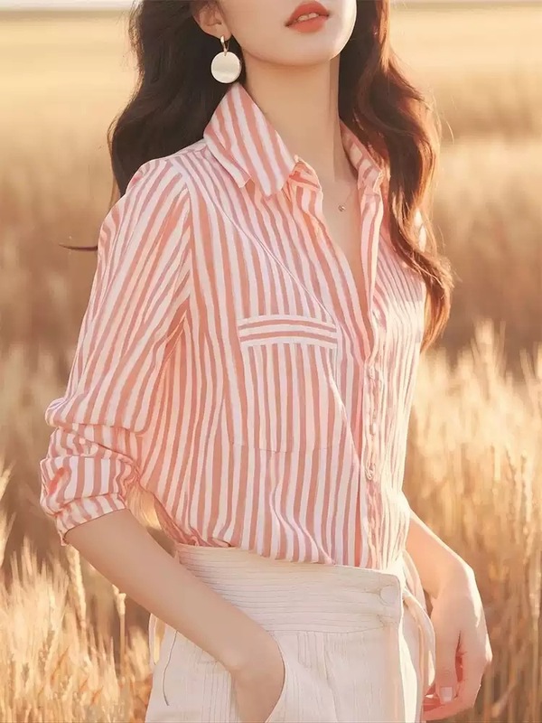 韩系chic休闲风粉色条纹翻领长袖衬衫女春秋款别致通勤百搭小衬衣|undefined