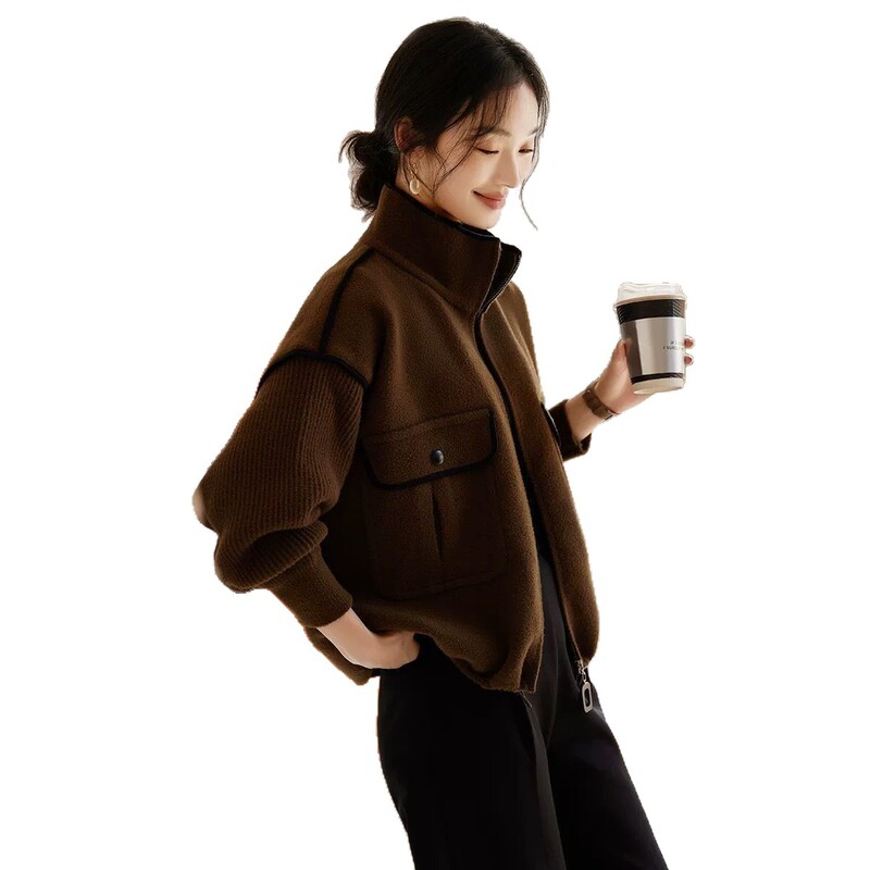 毛呢外套女春秋装2025年新款仿双面呢开衫外套女针织拼接短款上衣|undefined