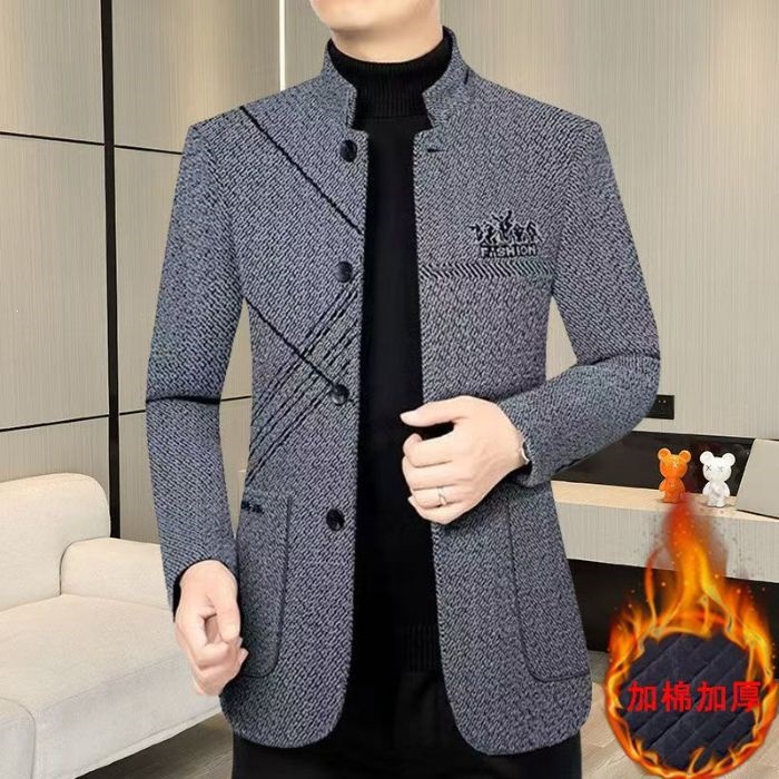秋冬季加绒加厚外套立领夹克衫商务气质休闲男士修身立领外套长袖