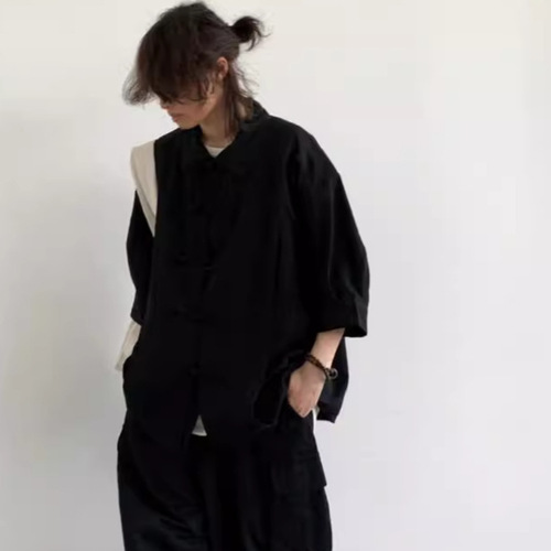 Summer V-Neck Youth Unisex Chinese Traditional Style Collar Shirt with Cantonese Style, Fashion Couple Minority Tangzhuang Outerwear