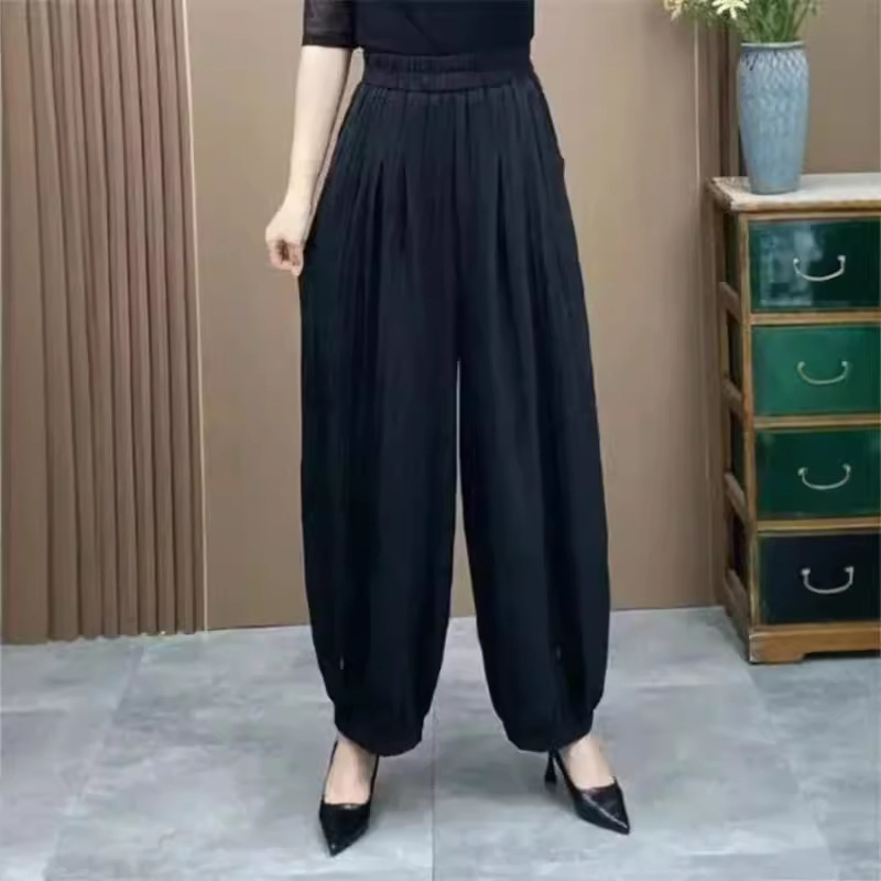 2024 Summer Thin Ice Silk Cotton and Linen Bloomers Women's Loose Slimming Casual Pants Stylizing Age-reducing All-match Harem Pants